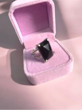 Black Onyx Rectangular Ring in Silver Tone - Women Jewelry